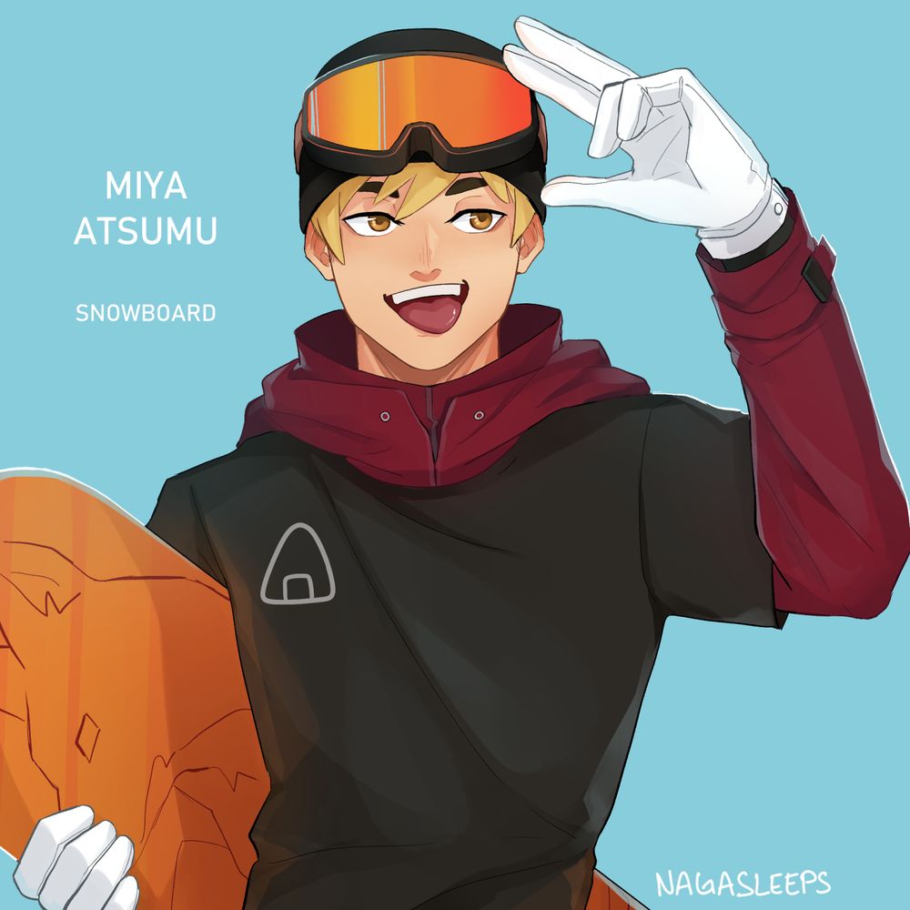 Atsumu holding a snowboard with a fox on it. He's wearing a black Onigiri Miya t-shirt over a red jacket with orange goggles on his forehead. The background text says Miya Atsumu, snowboard.
