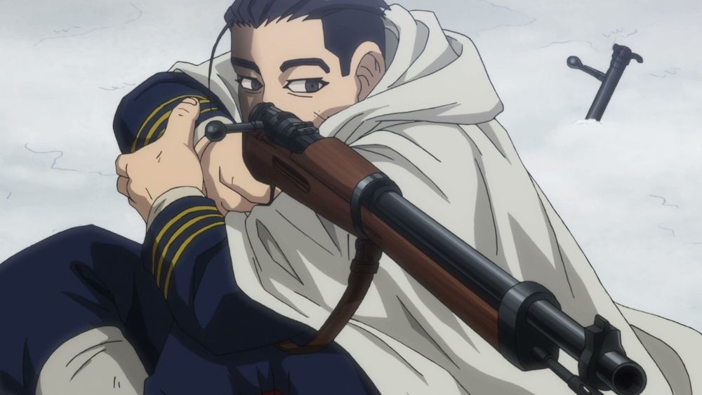Hyakunosuke Ogata from the series Golden Kamuy, takes a shooting stance with his bolt action rifle.