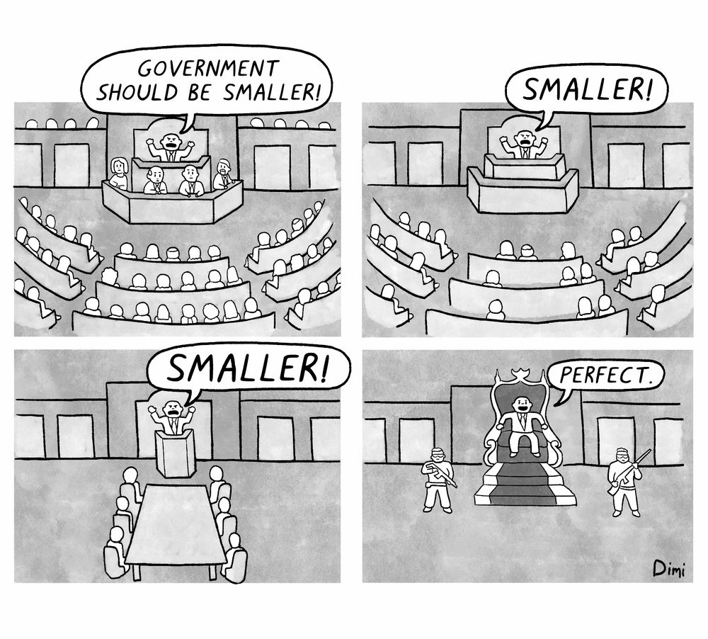 Four panel illustration depicting American government being reduced in size until there's only one king with two armed guards 