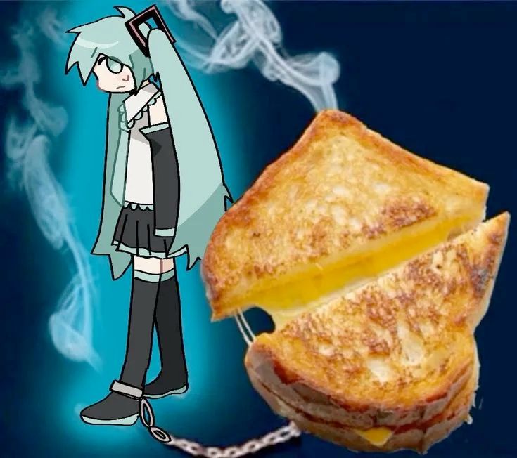 digital art of hatsune miku chained to a low quality png of grilled cheese