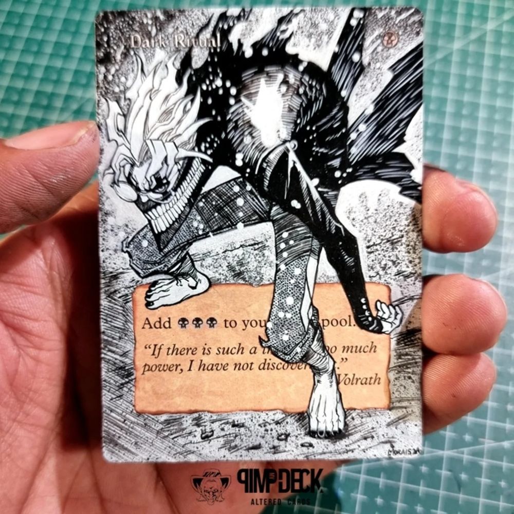 Hand holding a Magic the Gathering alter. It features a black and white painting of a possessed Okarun from the anime Dandadan.