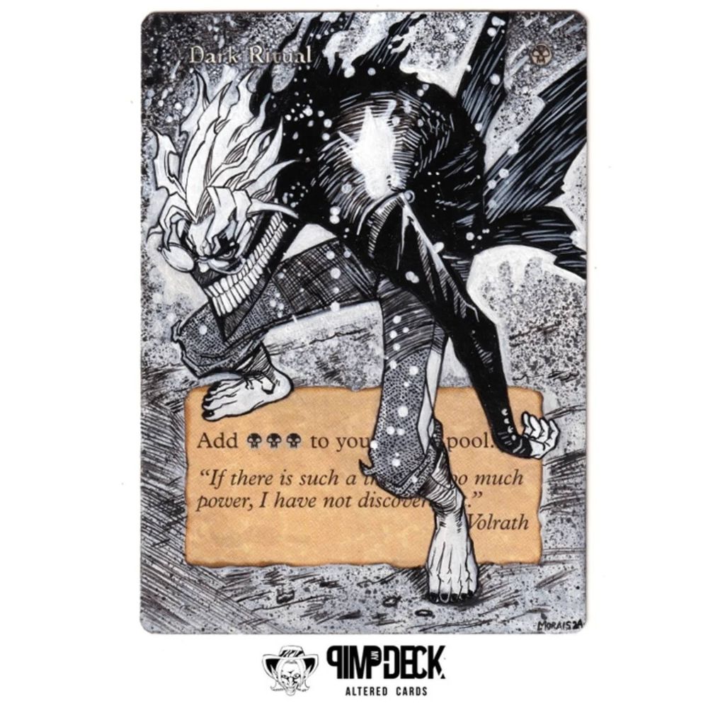 Scan of a Magic the Gathering alter. It features a black and white painting of a possessed Okarun from the anime Dandadan.
