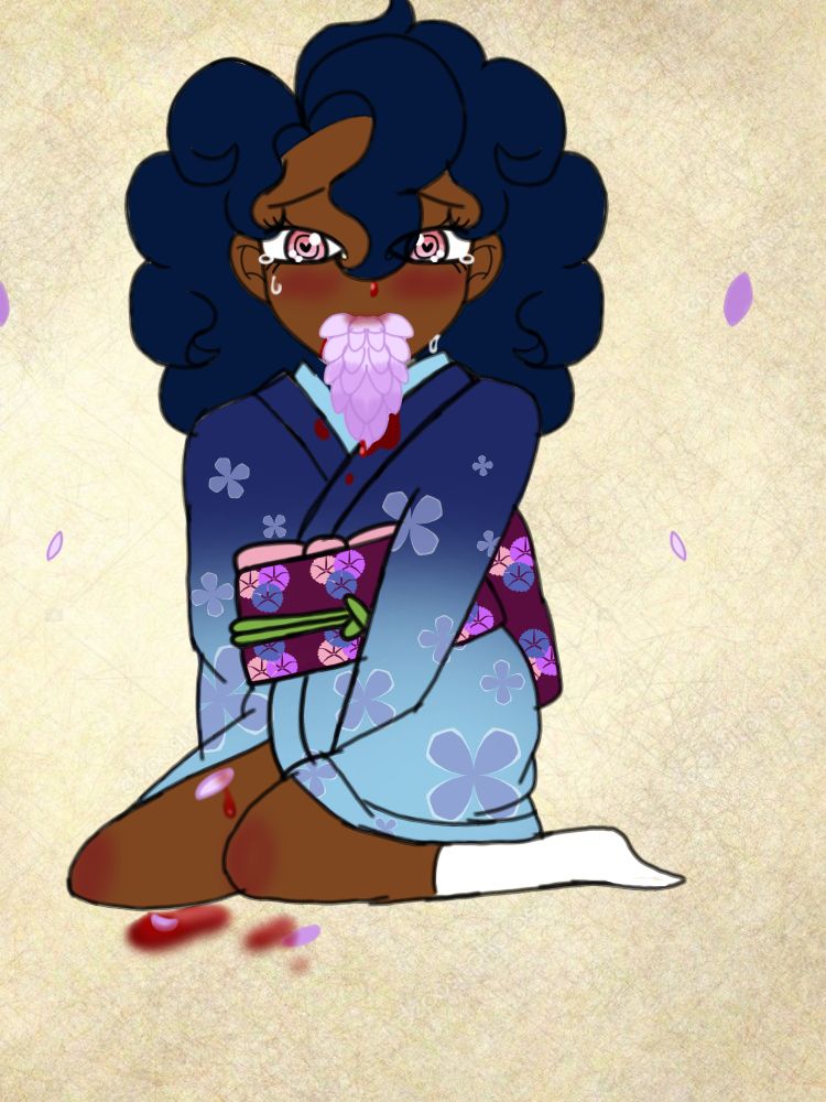 Ame suffering from the hanahaki disease with bloodied wisteria flowers coming out of her mouth. 