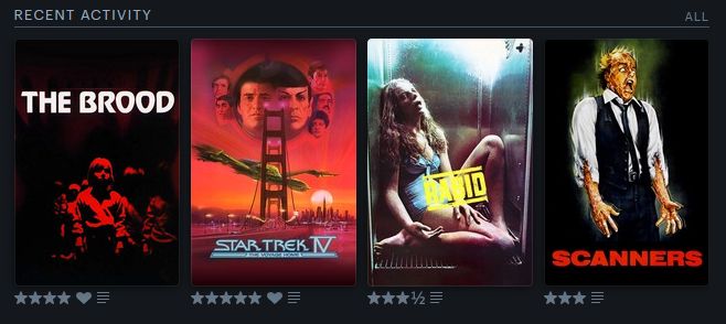 The Brood - 4 stars
Star Trek IV: The Voyage Home - 5 stars
Rabid - 3 1/2 stars
Scanners  - 3 stars