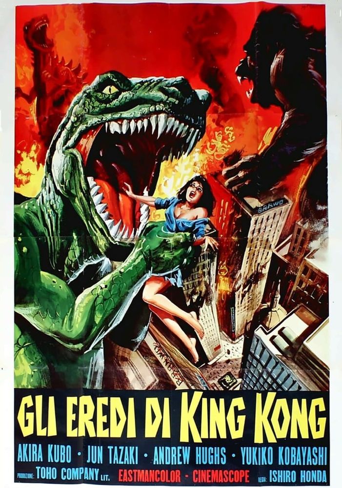 Italian poster for DESTROY ALL MONSTERS, which oddly features King Kong and Godzilla destroying a city--and in the foreground is the same dinosaur, but this time clutching voluptuous woman in its hands.