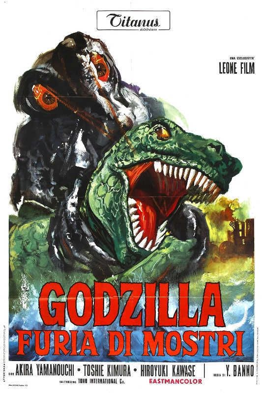 The Italian poster for GODZILLA VS. HEDORAH, featuring Hedorah strangling the same dinosaur--who has, hilariously, been drawn this time with an empty fist up by its mouth.