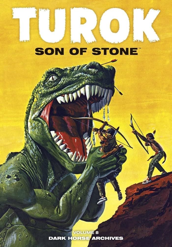 Cover of TUROK: SON OF STONE where a Tyrannosaurus-like dinosaur is lifting a Native warrior up to its mouth in its oddly human hands.