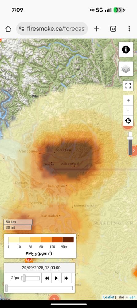 250+ ug PM 2.5 wildfire smoke over Vancouver