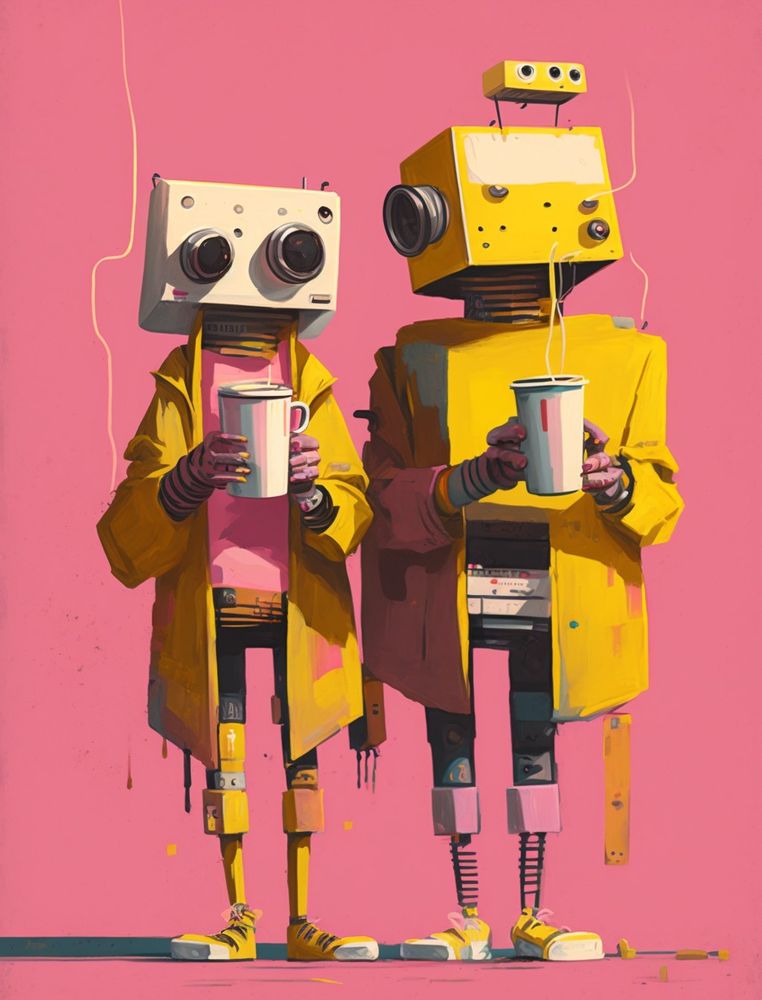two strange robots drinking coffee, pink and yellow #illustration
