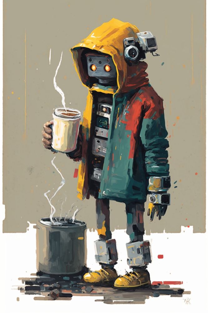 A robot with a jacket drinking coffee, illustration