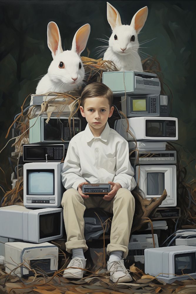 a boy sits in front of a mountain of electronic waste, on top of which sit two white rabbits #illustration