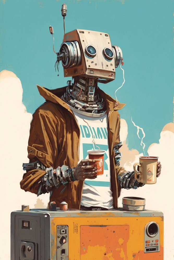 A robot in streetwear with a cup of coffee. illustration