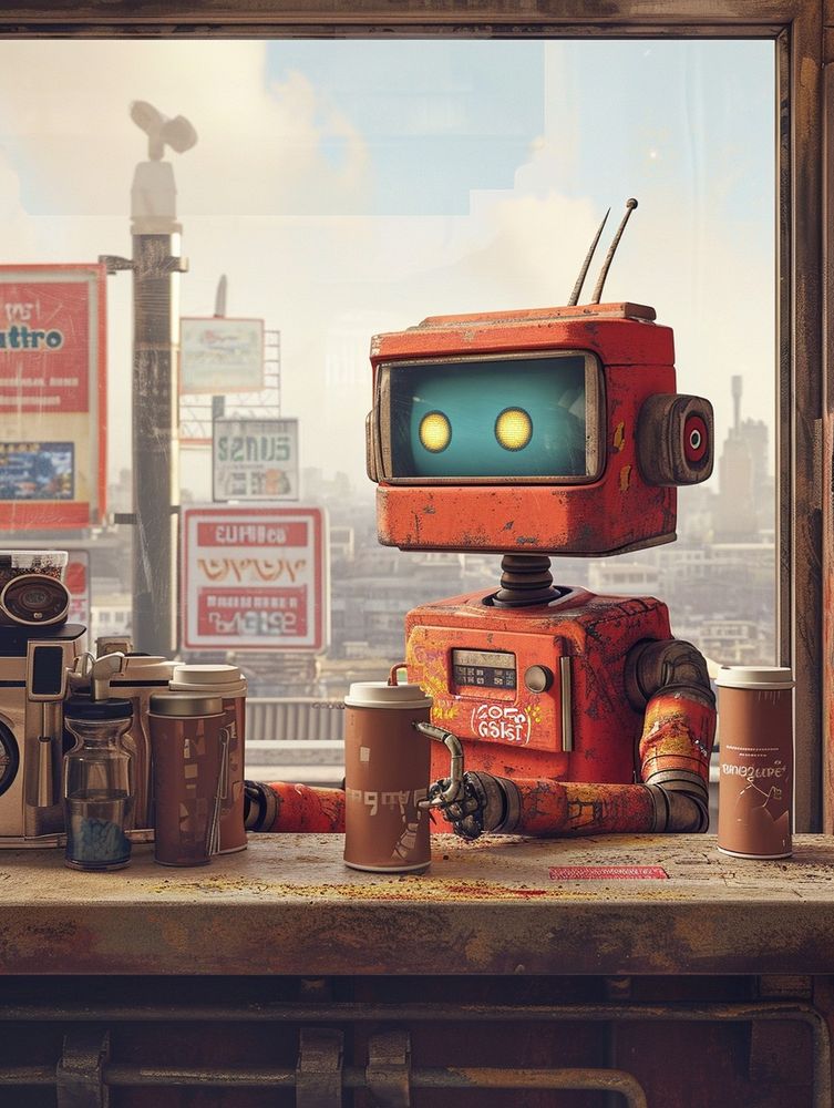 a rusty robot sits at a counter and drinks coffee