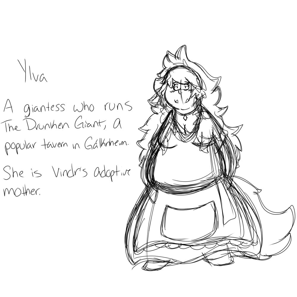 A sketch of the giantess Ylva, the adoptive mother of Vindr. She runs The Drunken Giant, a tavern that's quite popular in Gálknheim. She is in possession of a Golden Key, and thus can use Light Magic.