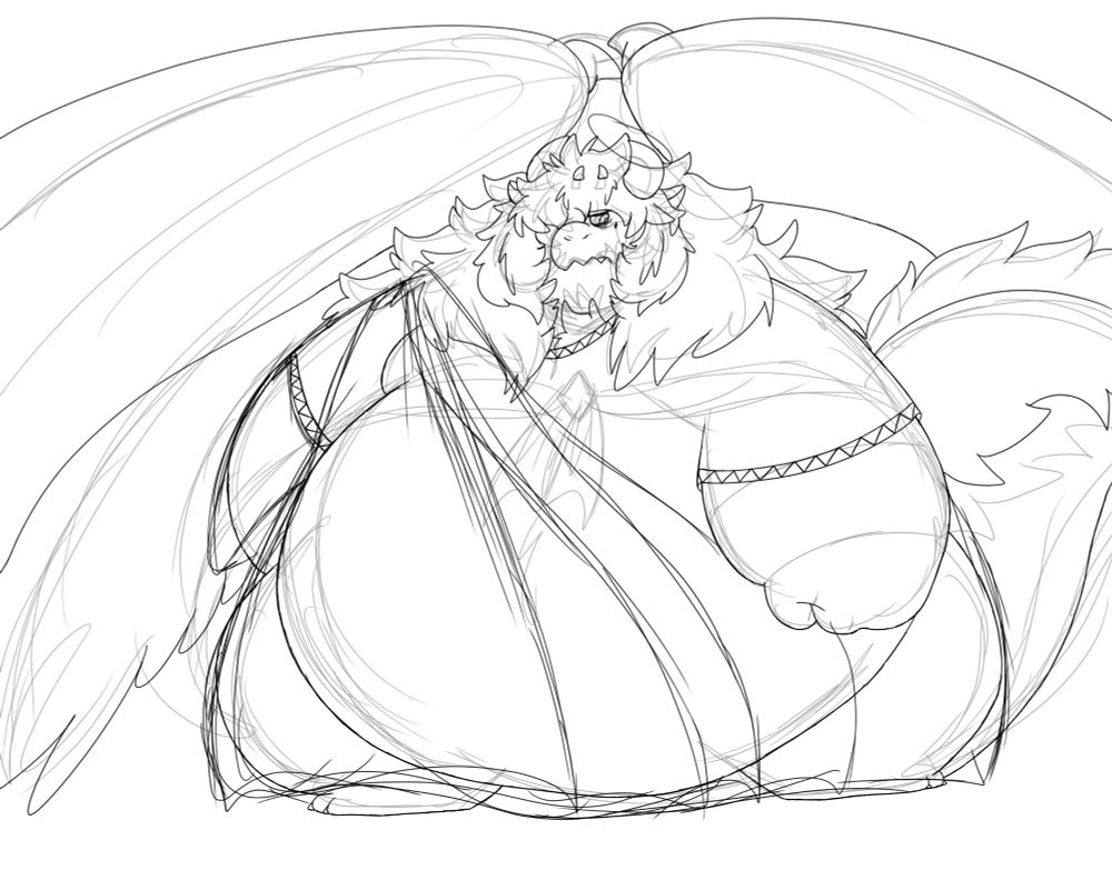 A sketch of Nidhogg in a toga with a shawl draped over, with feathery wings and a halo. He's glaring at an extremely small mortal.