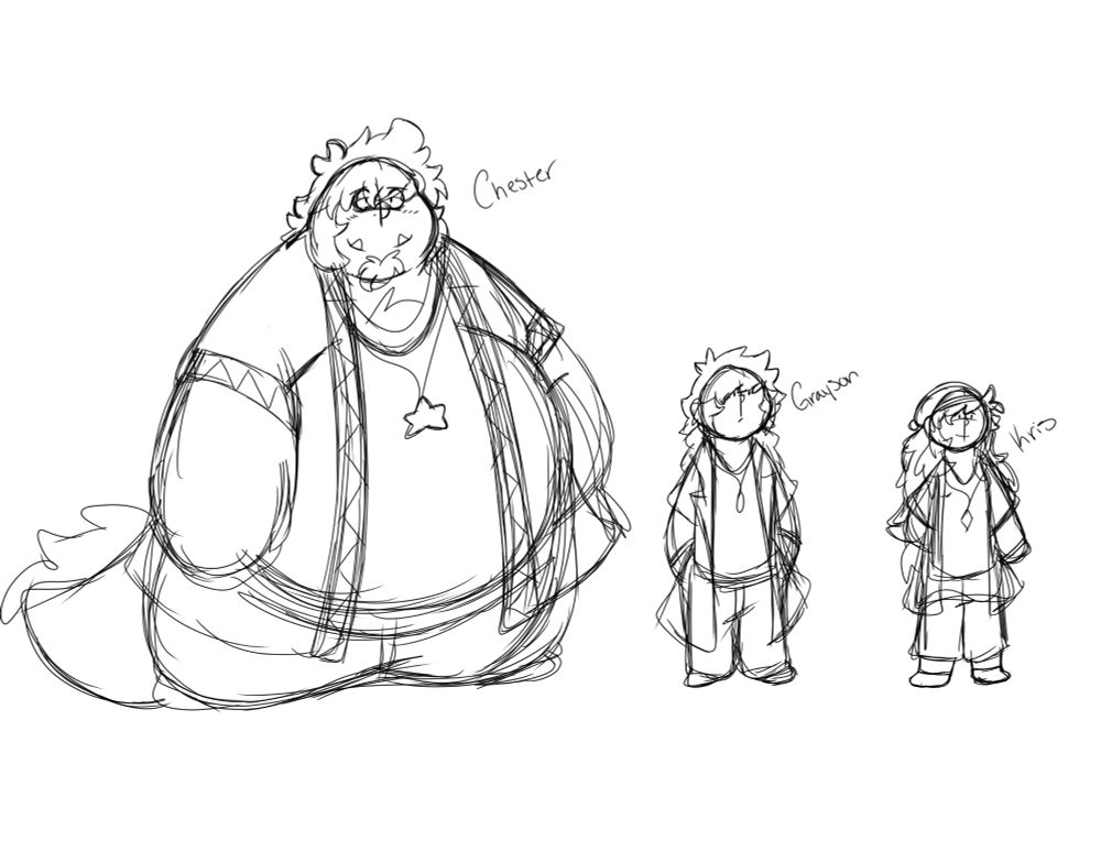 A sketch of Chester, Grayson, and Kris together as young adults