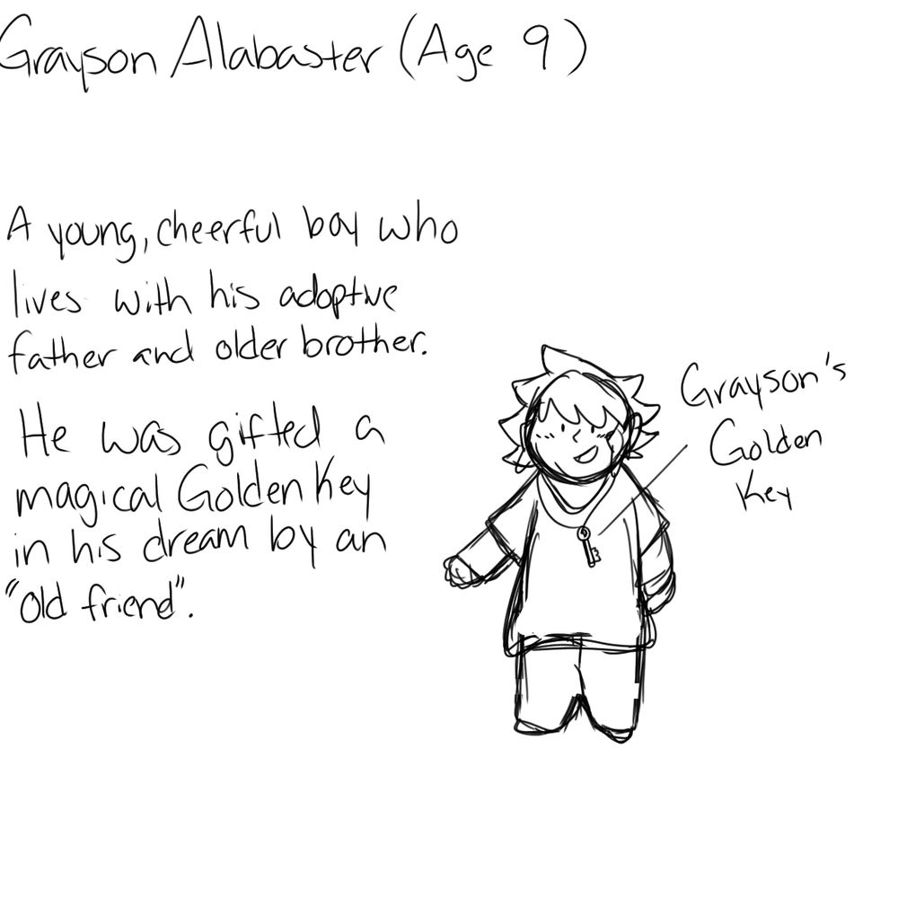 A sketch of Grayson as a young boy, with a Golden Key on his necklace 