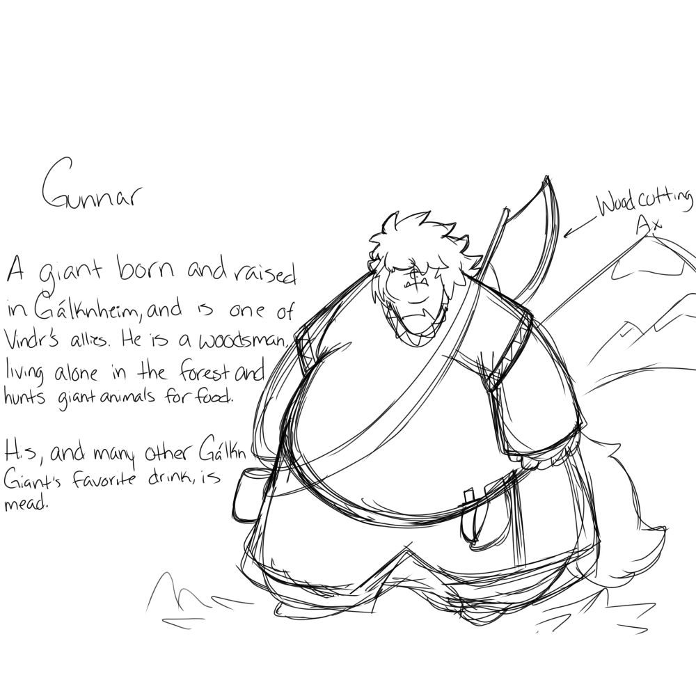 A sketch of Gunnarr, a giant from Gálknheim's past. He's standing with an ax on his back that he uses for both woodcutting and hunting.