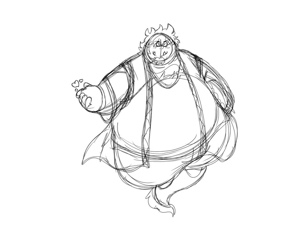 Chester in his giant form floating with a few hearts near his right hand, and him smiling.

This is his updated main outfit. A large two part robe with long and wide sleeves that are reach a bit past his forearms, fingerless gloves and big baggy pants.