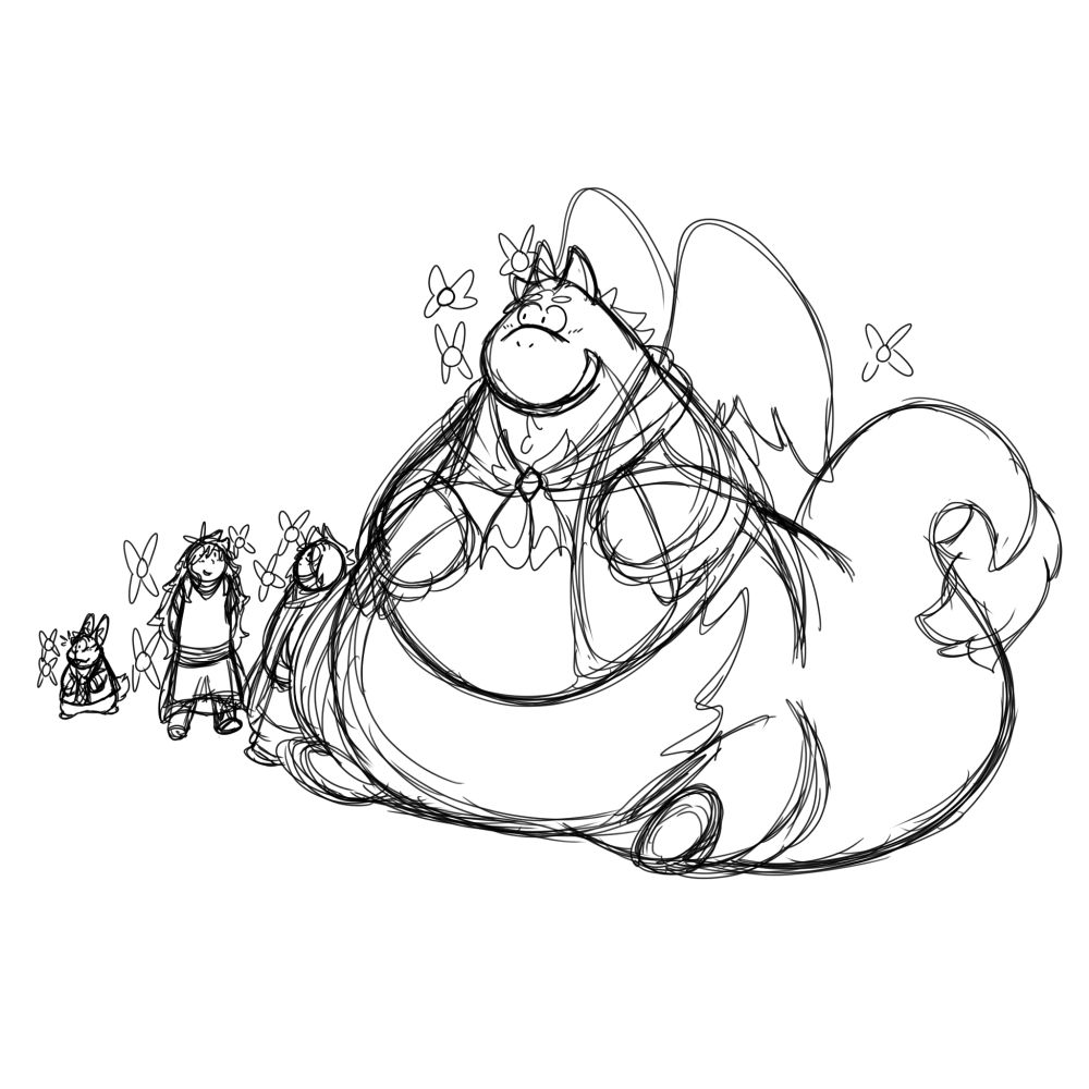 A sketch of Plum, Alice, Grayson, and the White Rabbit surrounded by a few pixies