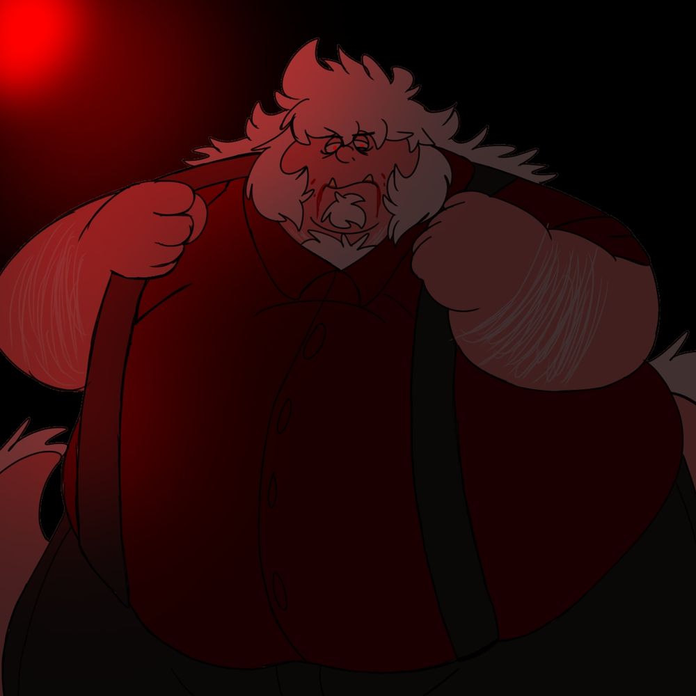 Angus glaring, barely visible under the crimson moonlight. He's got blood trickling from his mouth, making the sight all the more unnerving 