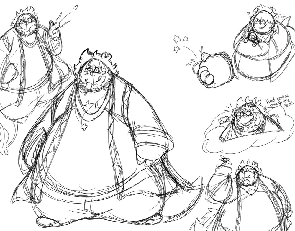 Various dooles of Chester in his giant form, as well as a sketch of his hand in a fingerless glove. On the upper right corner is a sketch of Agnarr, Chester's father, holding a much younger version of Chester.
