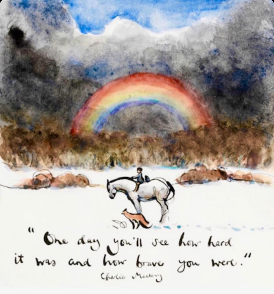 The picture shows the horse, boy & fox together in a field of snow with a rainbow in the background. The text shows a quote by Charlie Mackesy “One day, you’ll see how hard it was and how brave you were.”  

The post reads 

Never underestimate the courage & bravery needed to leave & stay away from an abuser. Abuse recovery is challenging. We have to rebuild boundaries & relearn how to make even the simplest of decisions for ourselves which can feel overwhelming at the start. Take small steps each day. You can do it!

