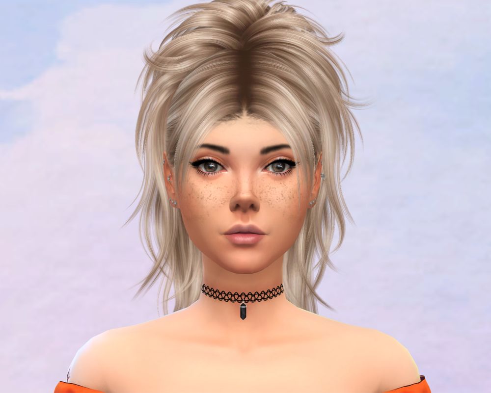Sims 4 screenshot taken in CAS at the start of a new save. This a close-up of my new Sim, Lila Hart, in her everyday outfit. This photo shows her blonde pulled her into a messy-styled ponytail. Lila's everyday outfit is accessorized by a black tattoo choker with a dark crystal pendant. Her makeup is light with a "natural" theme. 