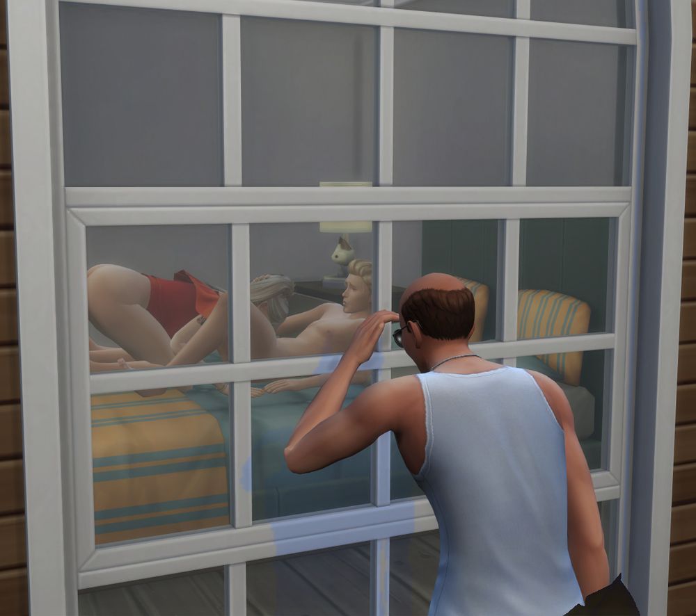 Sims 4 screenshot of gameplay with Lila Hart. In this photo, Lila is engaged in woohoo with her boyfriend, Johnny Zest. A peeping tom (custom townie named Tom Peeping, Wicked Whims mod) can be seen peering through their bedroom window. This particular woohoo feature and animation are available through the mod Wicked Whims by TurboDriver and various custom content animation creators. 