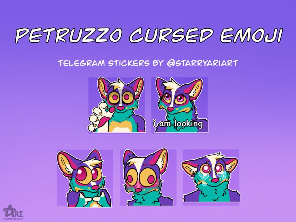 Digital artwork showcasing five “cursed emoji” inspired telegram stickers of a 90’s inspired dog fursona named Petruzzo. This image has been Glazed for protection against ai scum.