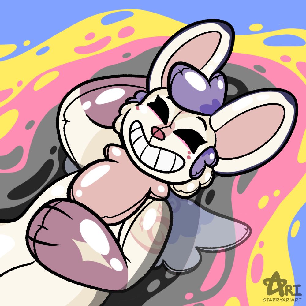 Pool toy YCH featuring Lore, a fae fennec fox floating in a pool the colors of the polygender flag.