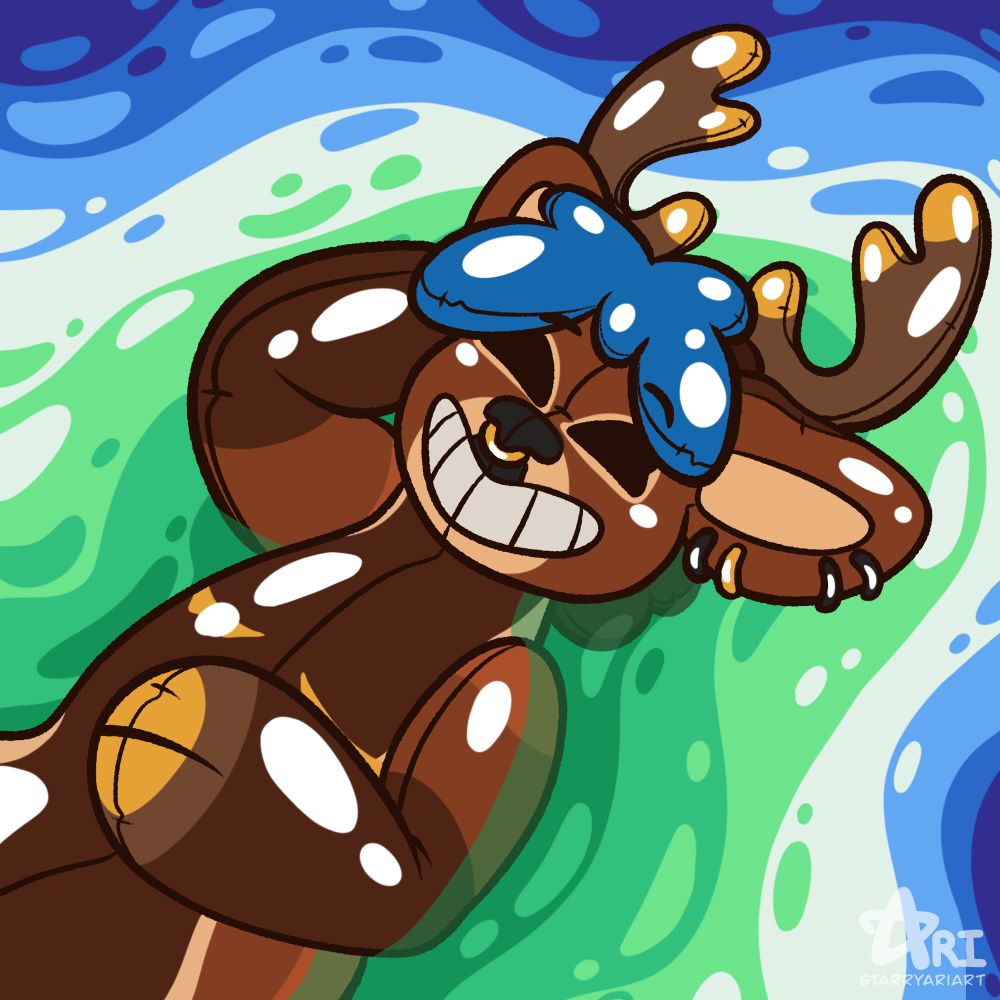 Pool toy YCH featuring Hawthorn, a red deer with blue hair floating in a pool the colors of the mlm gay flag.