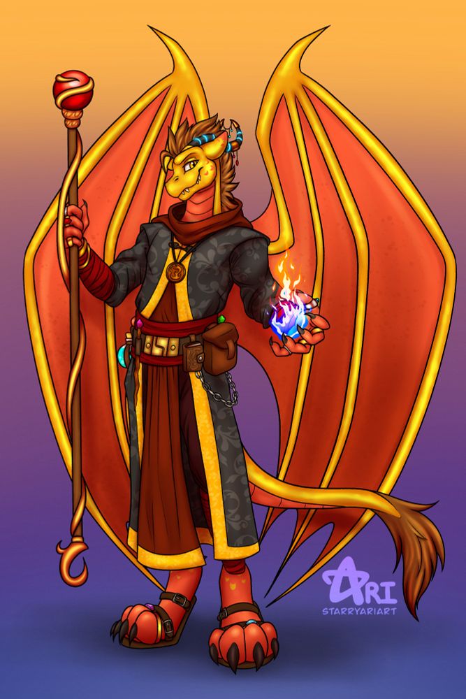 A digital drawing of a gold western dragon with red accents wearing elaborate wizard robes, holding a staff, and a ball of flame in the other hand.