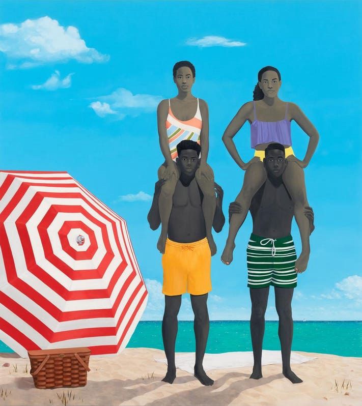 Painting of 4 people at the beach by Amy Sherald, with signature gray skin tone