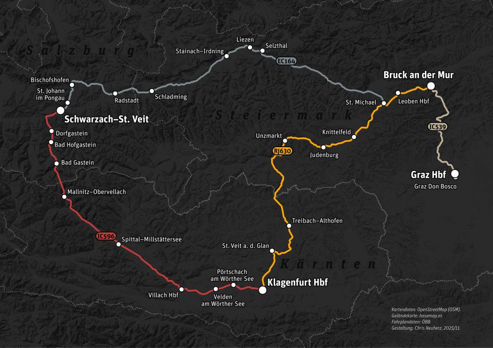 Train day round trip Graz to Graz via Schwarzach-St. Veit and Klagenfurt