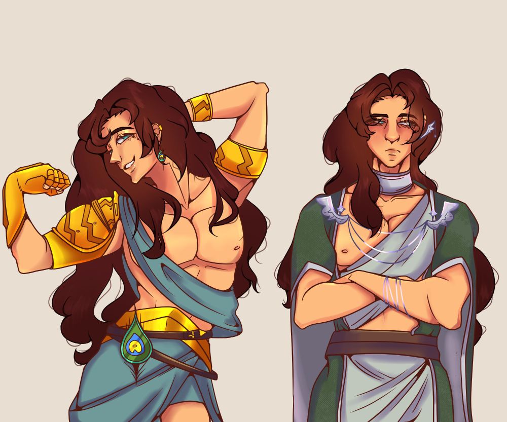 Drawing of two redheaded men. The one on the left is flexing and wearing blue robes with gold accents. The one on the right is wearing green robes with silver accents and is crossing his arms over his chest.