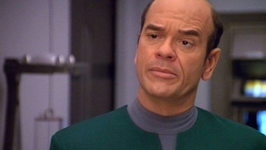 The Doctor in Star Trek Voyager, looking clean-cut and skeptical 