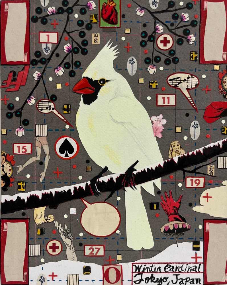 Collage of a white-feathered Northern Cardinal sitting on a branch against a grey background littered with motifs (cut out cartoon legs, card suits, gloves, flowers, berried twigs etc)