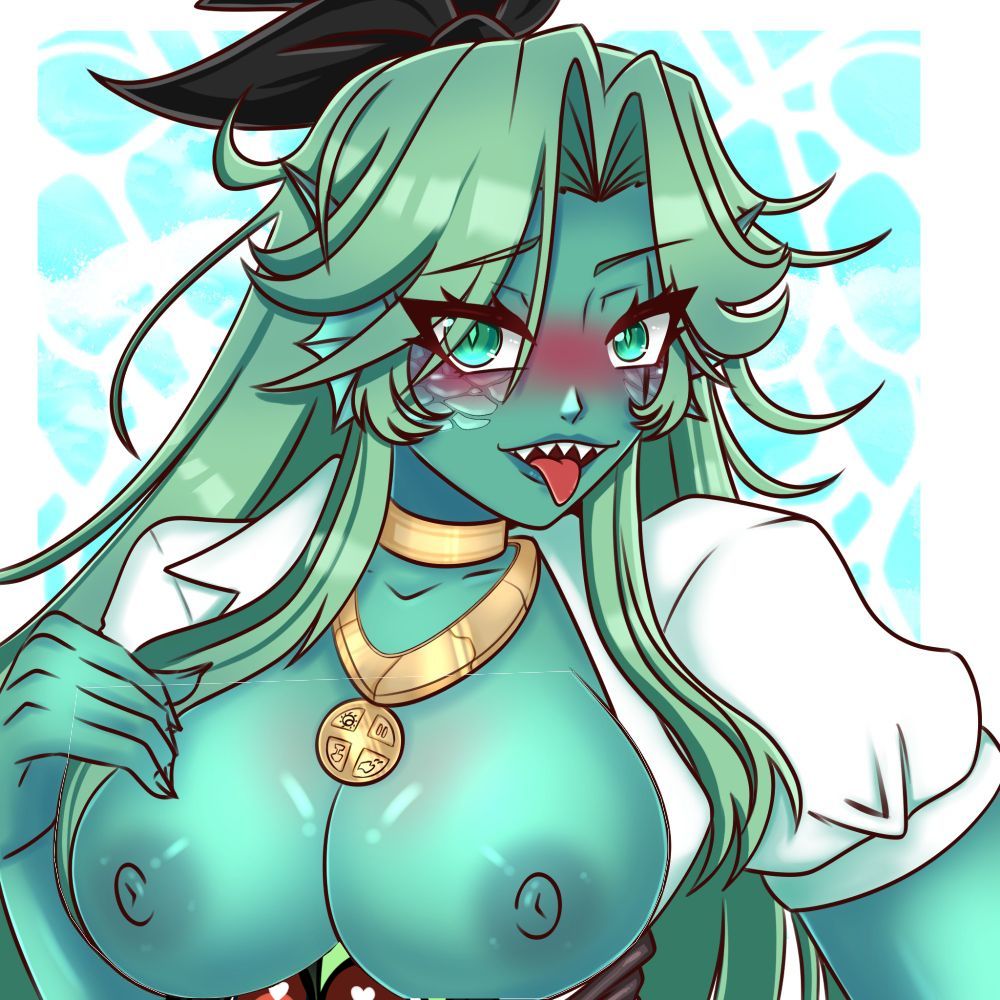A green fish woman (Esmie from @esmieinsitu) with her tits out, blushing with her tongue out. Under her boobs is a slightly visible picture of my Goblin OC Dina with hearts in her eyes.