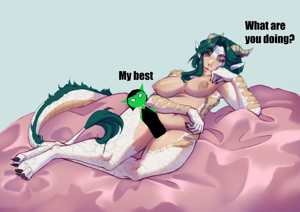 Astral's Dragon OC laying naked on a bed. A poorly drawn Paint Dina is laying on her. She's asking "What are you doing?" while Dina replies "My best"