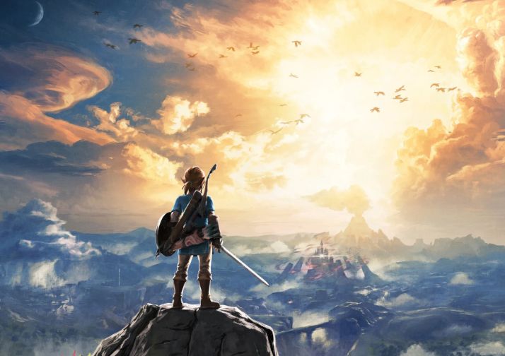 a picture of Link from the legend of Zelda standing on a rock overlooking hurdle. Link is a blonde elf and he carries with him a shield and sword with a bow slung over his back. He is looking over a sunset. 