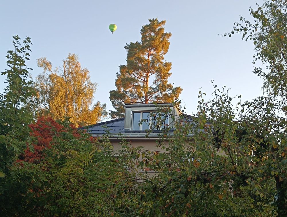 Blick aus einem Fenster. Laubbäume zu sehen, die Blätter zeigen herbstliche Farben und im Himmel ist ein Fesselballon zu sehen