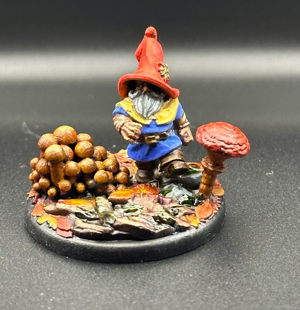 A gnome with a blue tunic walking through autumn leaves and fungus. 