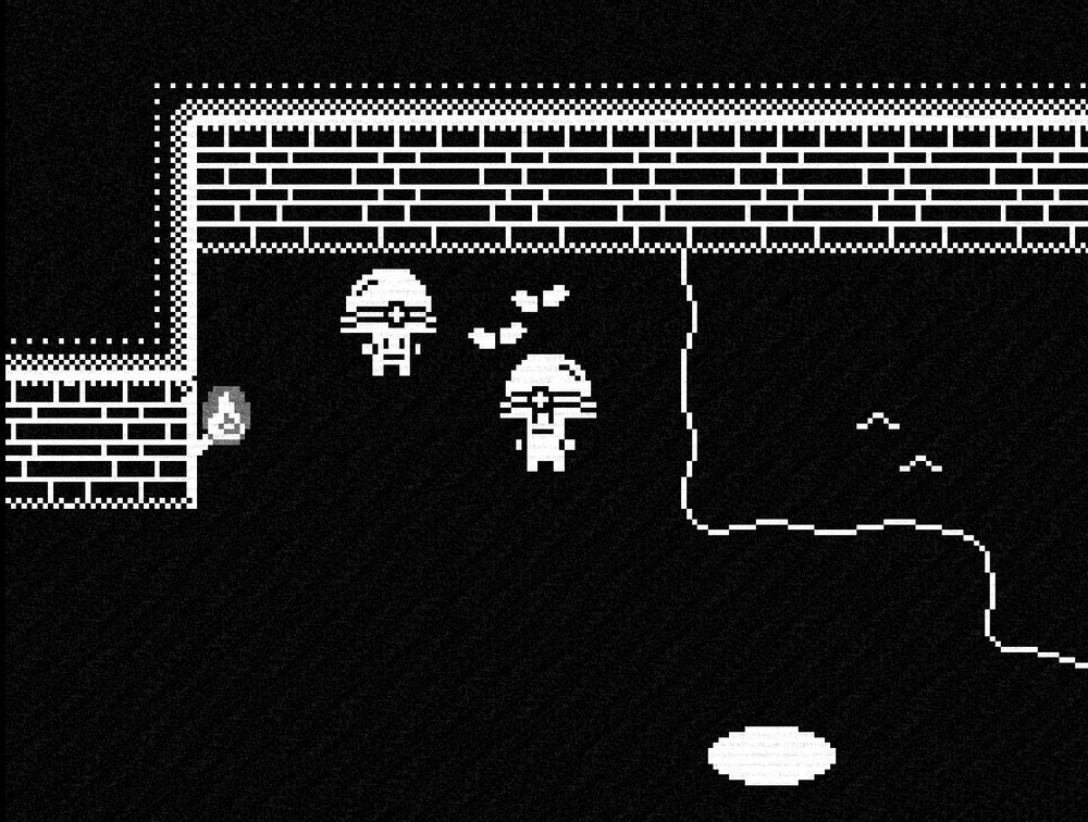 A screenshot of two mushroom people inside of a temple with some water on the right. Everything is made with just black and white pixels.