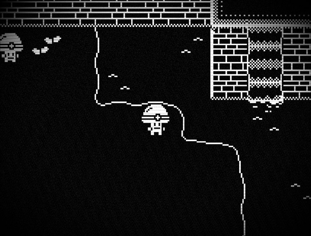 1bit pixel art screenshot of a mushroom man looking at a pond, with a waterfall on the side.