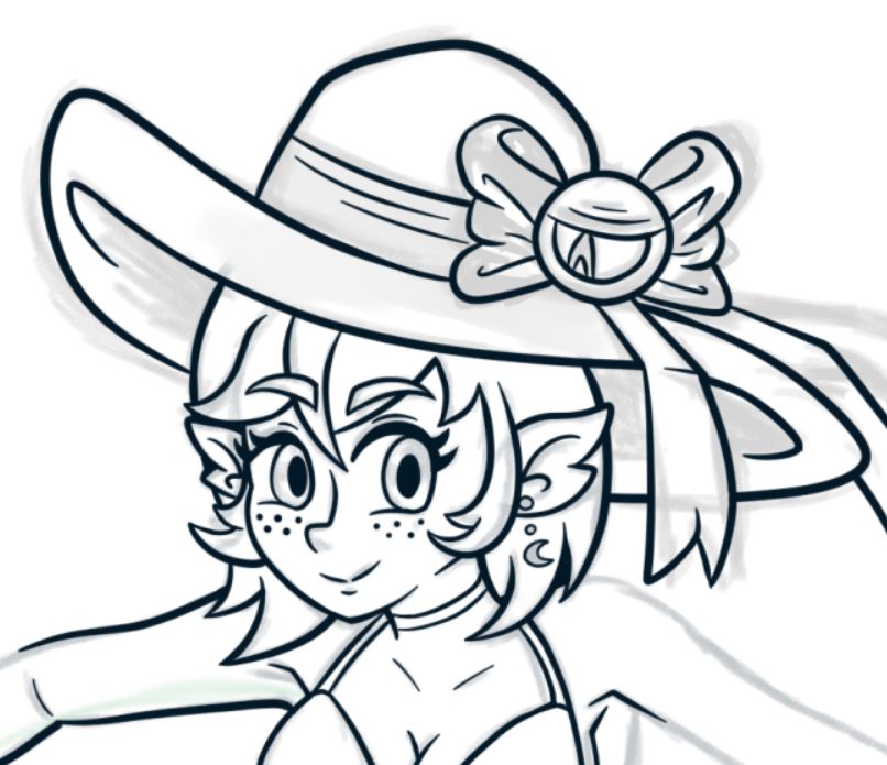Bust sketch of a girl witch with short hair and a big beach hat. In the hat ribbon, Ignito has been put into the central gemstone and looks grumpy about it.