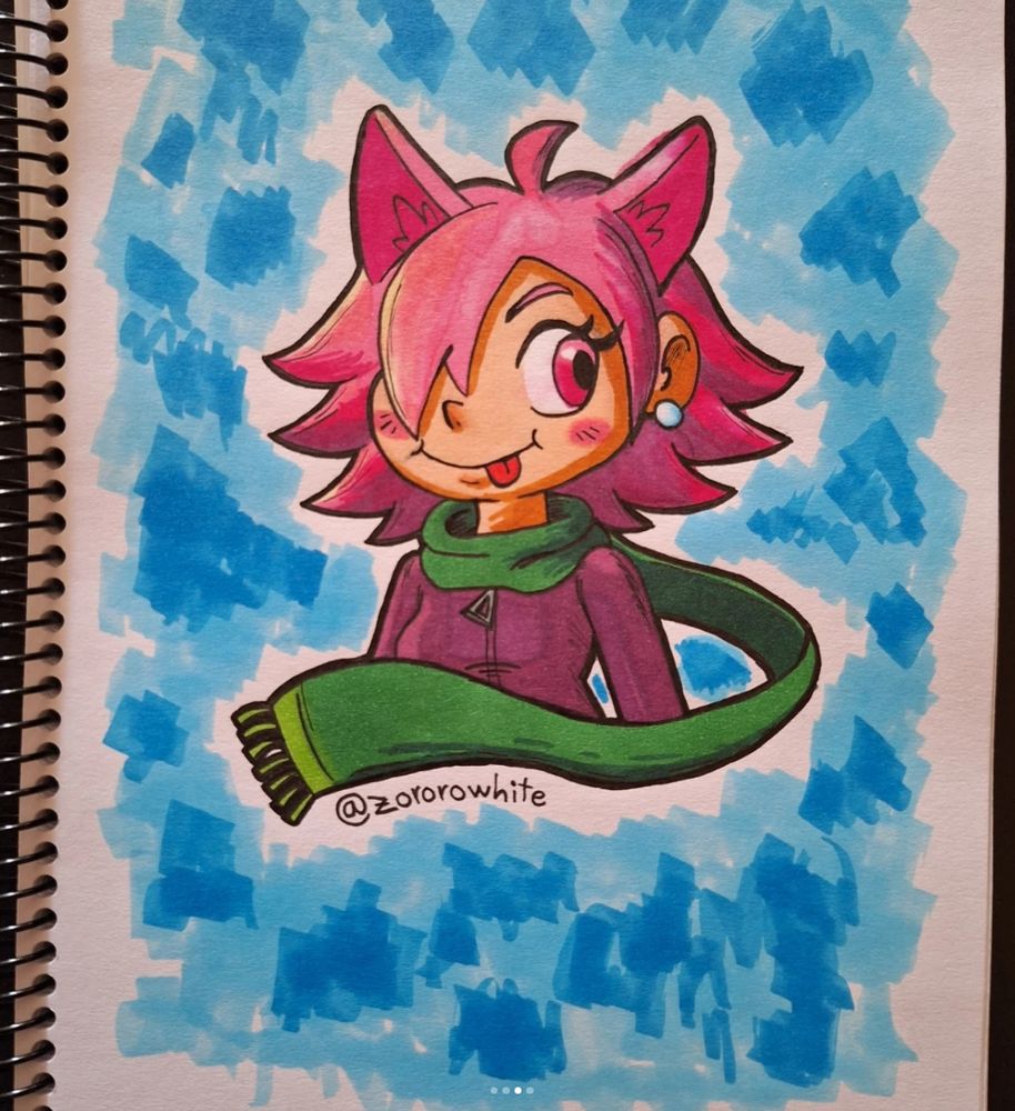 A portrait of my OC Nina made in a sketchbook and colored with some markers.