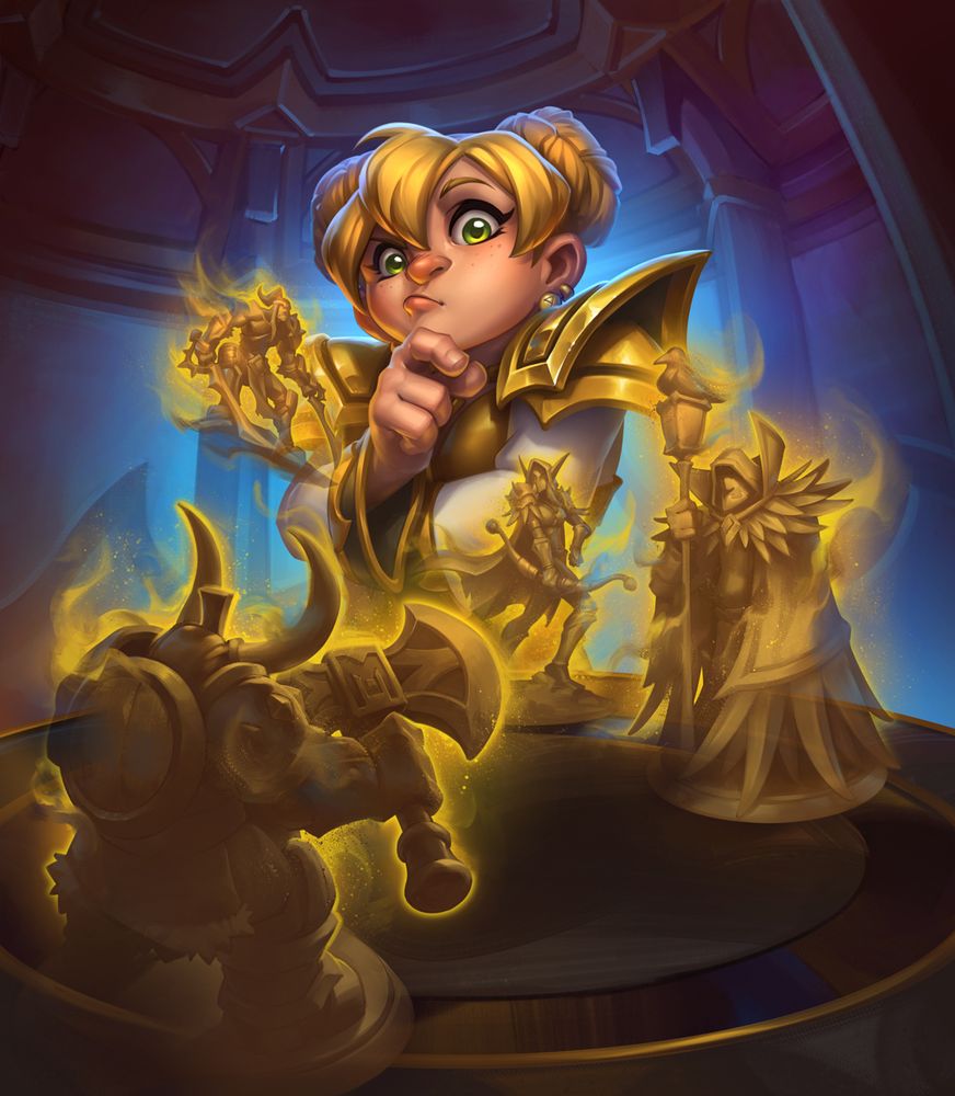 Chromie in gold armor holds a finger to her lips, surrounded by glowing golden characters. 