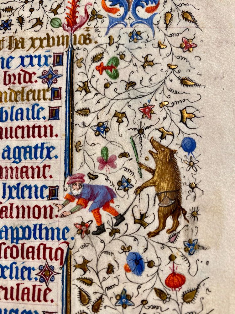 A marginal scene of a pig taking charge of an old man