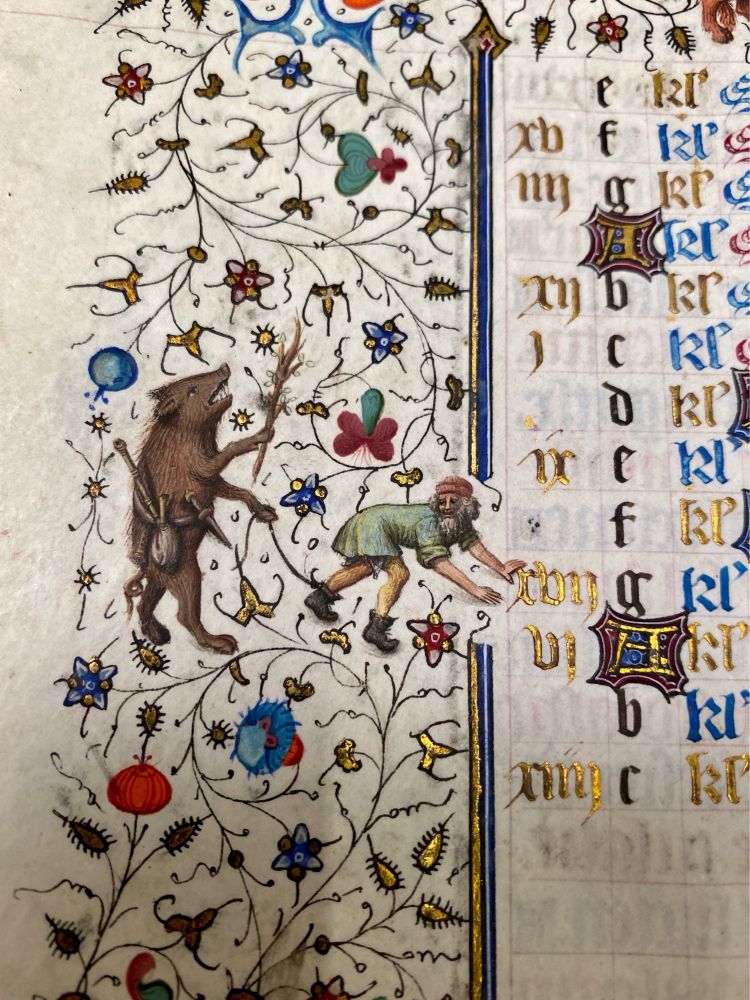 Another marginal scene of a pig taking charge of an old man